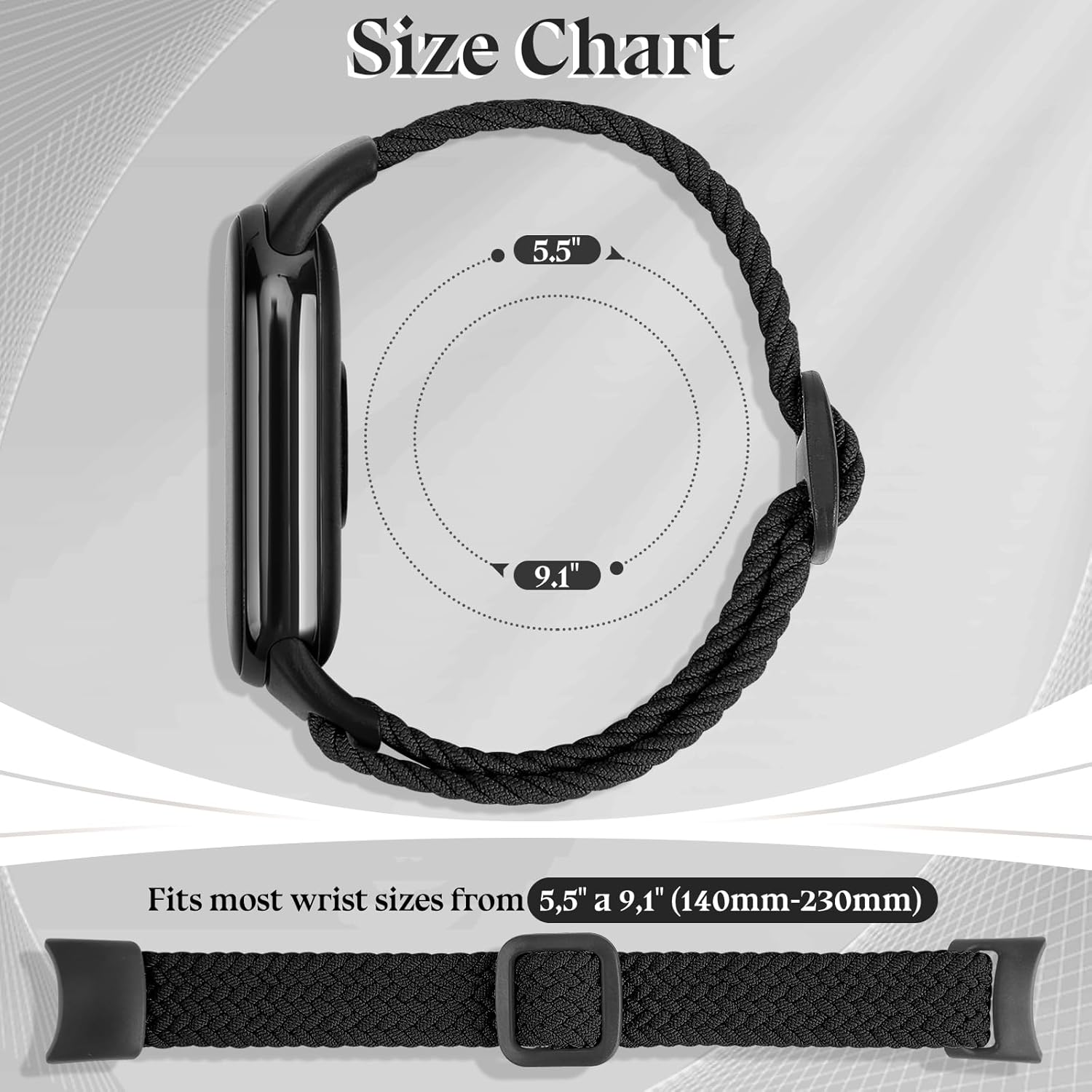 Braided Bands Compatible with Xiaomi Mi Band 10/9/8 Straps for Women Men, Elastic Adjustable Solo Loop Nylon Woven Replacement Wristbands for Xiaomi Mi Band 9/8 - Black+Off-White image number 3