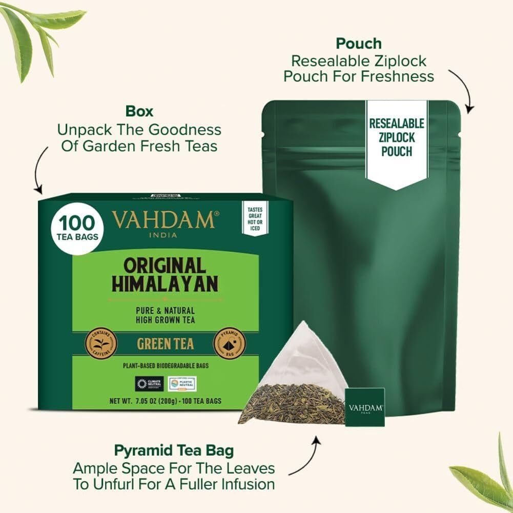 VAHDAM, Green Tea Bags (100 Plant Based Pyramid Tea Bags) Green Tea Leaves from Himalayas | Non GMO, Gluten Free, Naturally High Grown | Whole Loose-Leaf Tea Bags | Resealable Ziplock Pouch image number 2