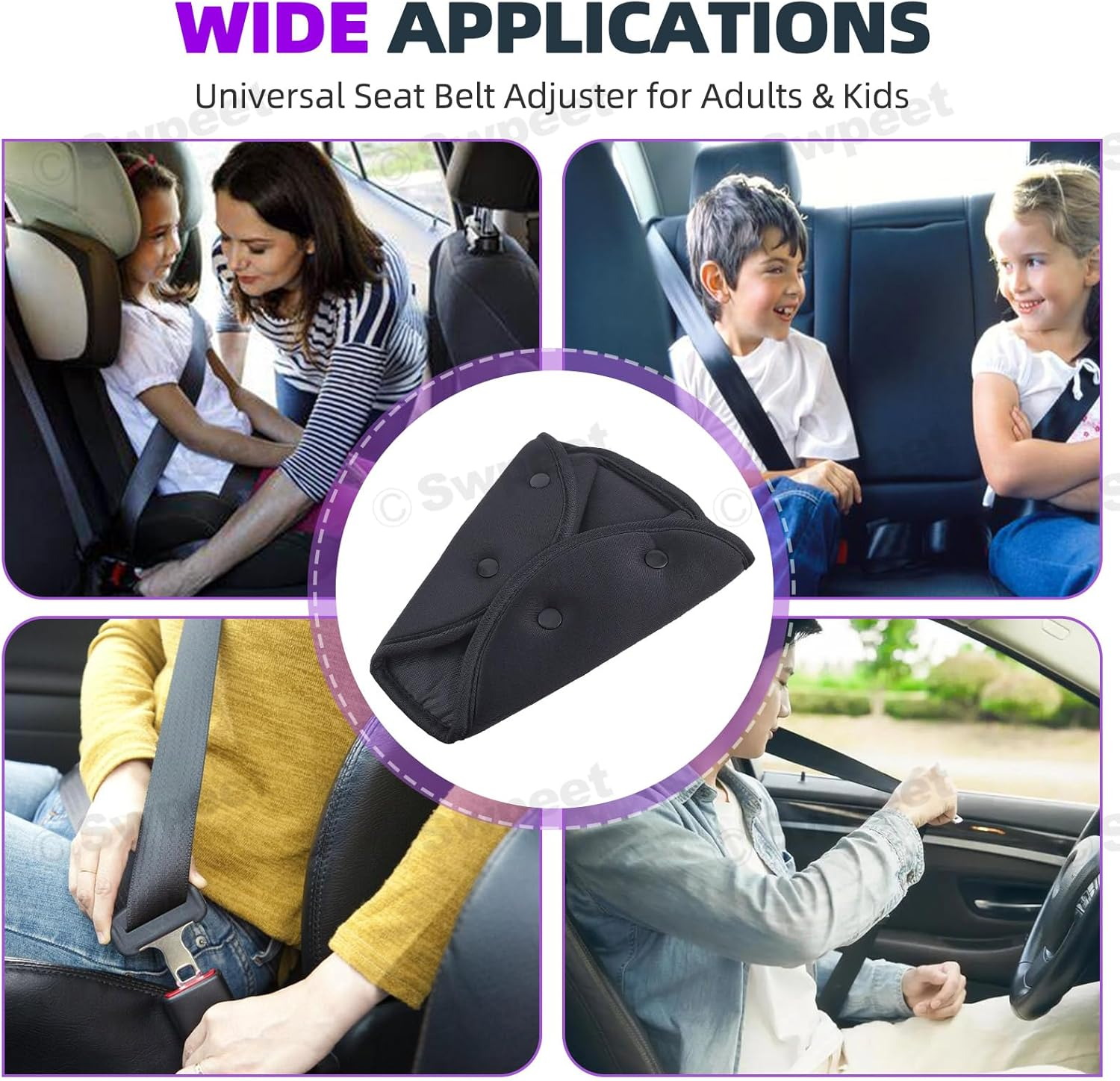 Swpeet 2Pcs Black 7.3 X 9.1 Inches Seat Belt Adjuster, Auto Shoulder Neck Strap Adjuster Strap Protector Pad, Safety Strap Triangle Positioner Seat Belt Clips Ideal for Adult Toddler Baby Child image number 2