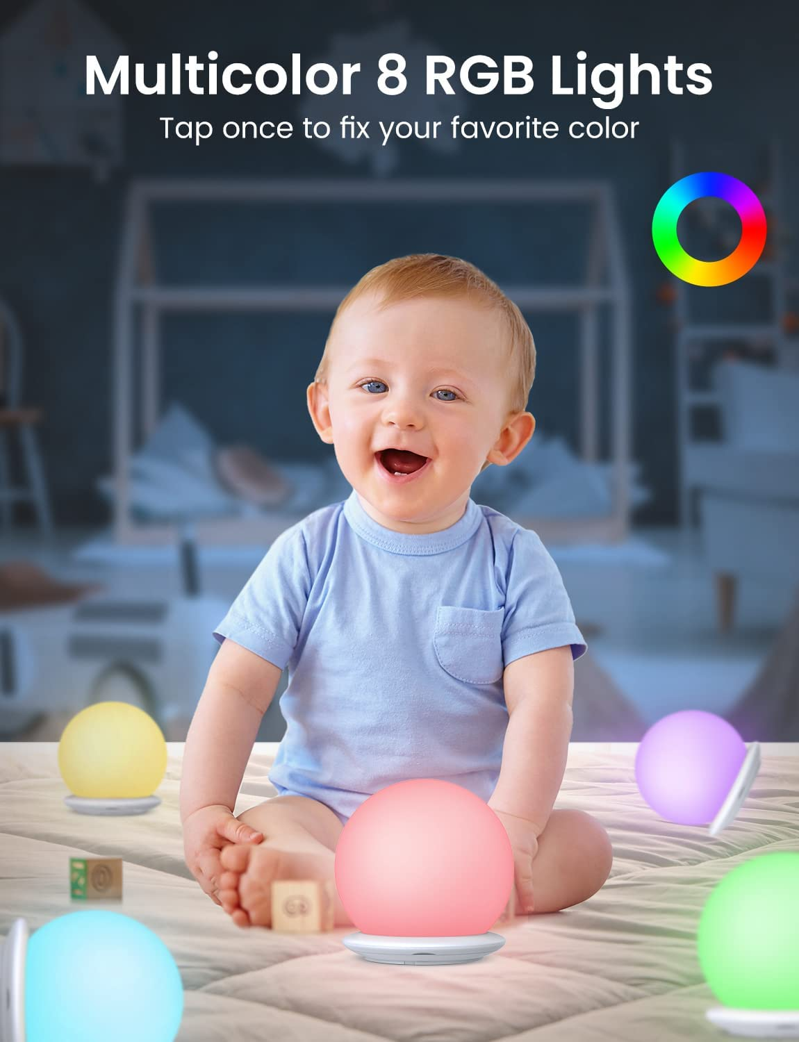 Night Light Kids, KOOFIT LED Night Light Touch Control, Warm Light, 8 RGB Colors, 1 Hour Timer, USB Rechargeable Baby Night Light for Kids, Dimmable Night Lamp for Bedroom, Nursery, Newborn, Adults image number 2