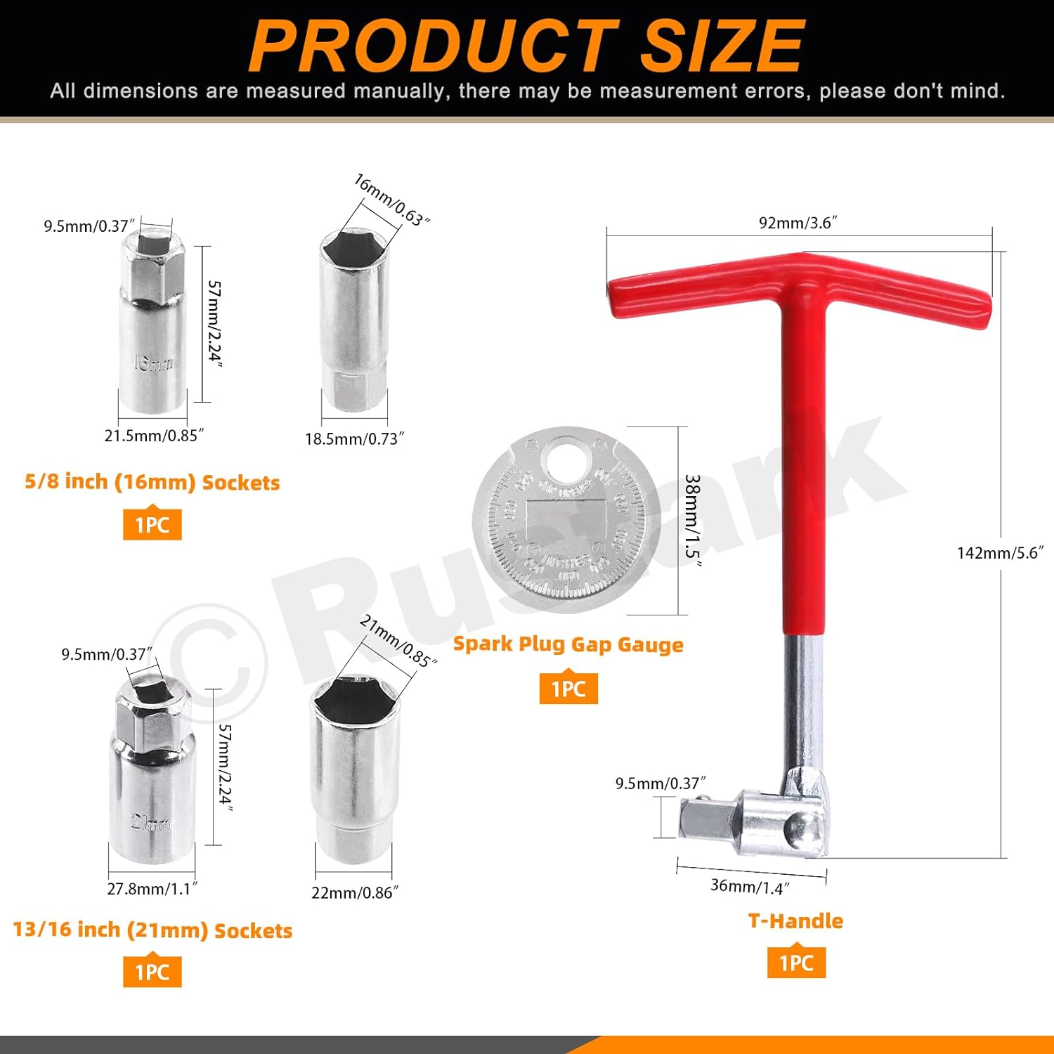 4Pcs Professional T-Handle Spark Plug Socket Wrench with 16Mm(5/8") 21Mm(13/16") Spark Plug Socket and Spark Plug Gap Gauge, Universal Joint Spark Plug Removal Tool Set for Lawn Mower Vehicle image number 1