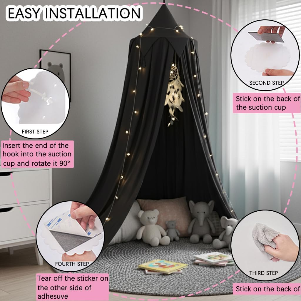 Akiky Bed Canopy for Kids Boys Baby Bed with Lights,Dream Catcher,Hanging Canopy for Indoor Outdoor Castle Canopy for Reading Nook House Decoration (Black)