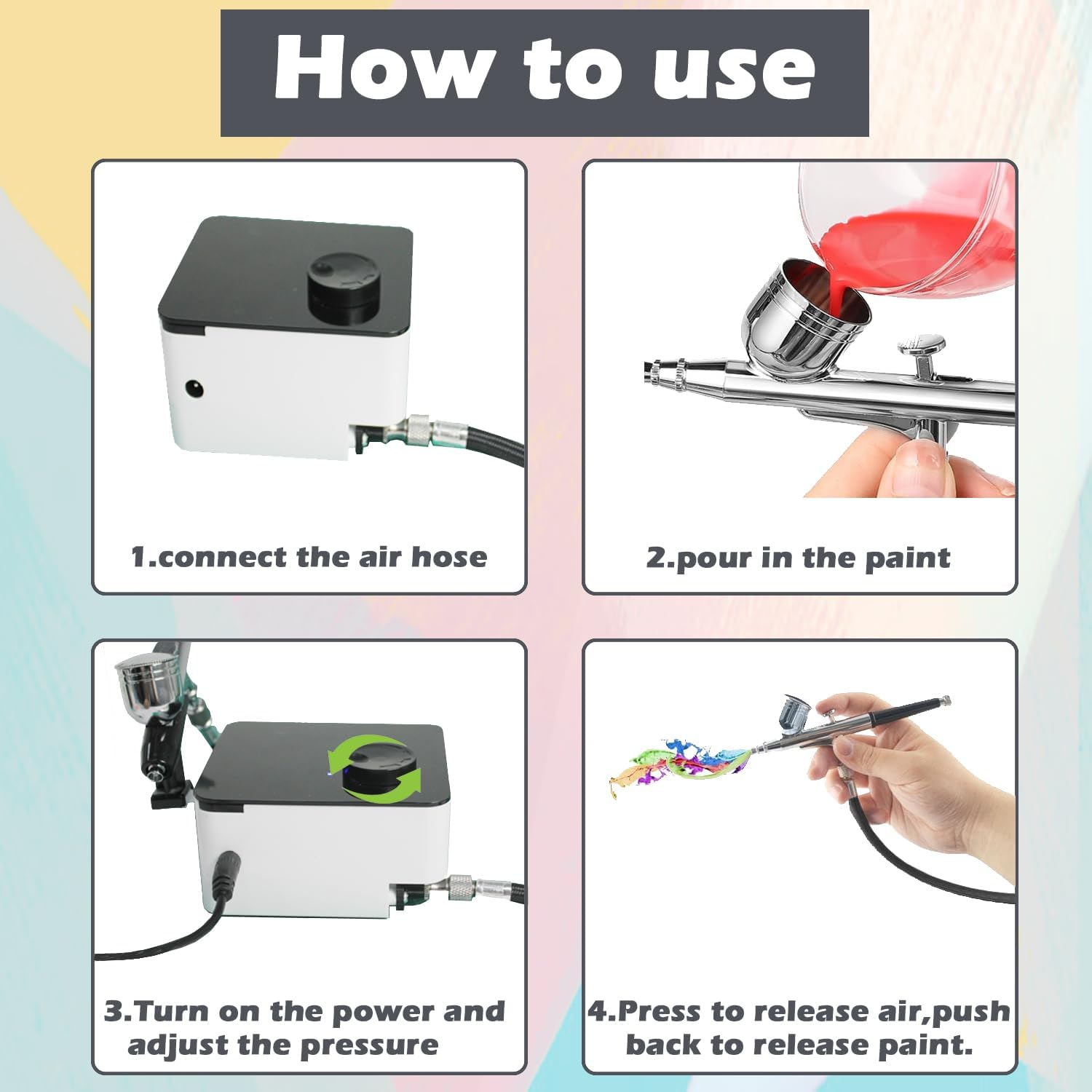 Airbrush Kit with 33PSI Adjustable Air Compressor, Dual-Action Airbrush with 0.2/0.3/0.5Mm Nozzle/Cleaning Sets for Nail Art,Makeup,Modeling, Cake Decor, Pastry, Etc. image number 5