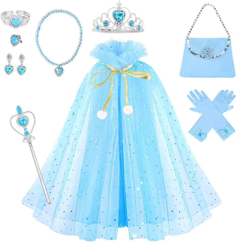 Slowton Princess Cape Set - 11 Pieces Princess Cloak with Handbag Tiara Crown Wand Gloves Jewelry - Princess Dress up Costume for Halloween Cosplay Christmas Birthday Party, Aged 3-8