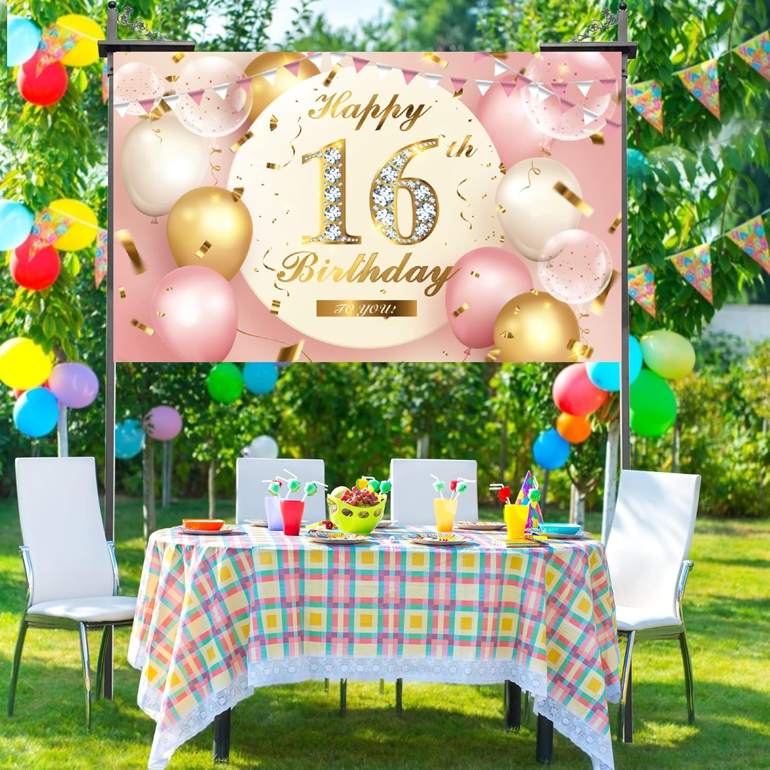 16Th Birthday Banner,Rose Gold Birthday Party Decoration for 16Th Birthday,Happy Birthday Banners Decoration Background，16Th Outdoor Party Birthday Decoration Background&hellip; image number 1