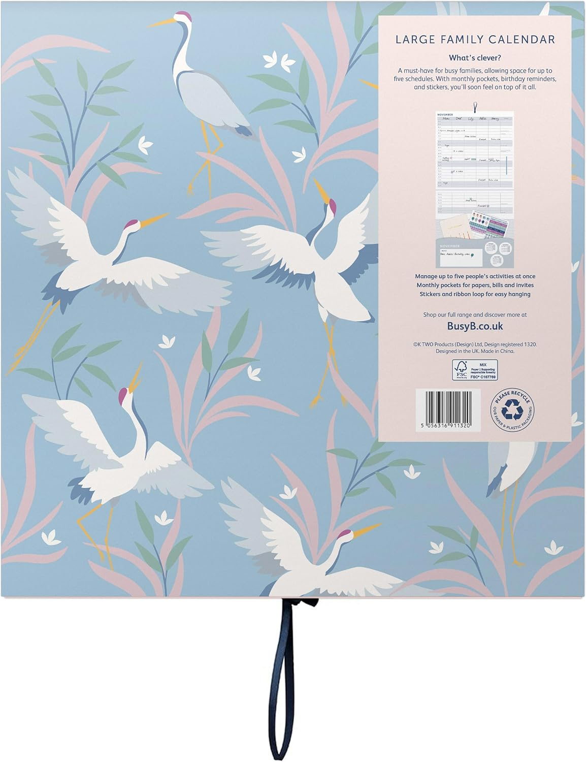 Busy B Large Family Wall Calendar 2025 &ndash; Blue Birds Design with 5 Columns & Storage Pockets - Monthly 2025 Calendar for Busy Families with Colour-Coded Stickers - 30.5 X 30.5Cm image number 3