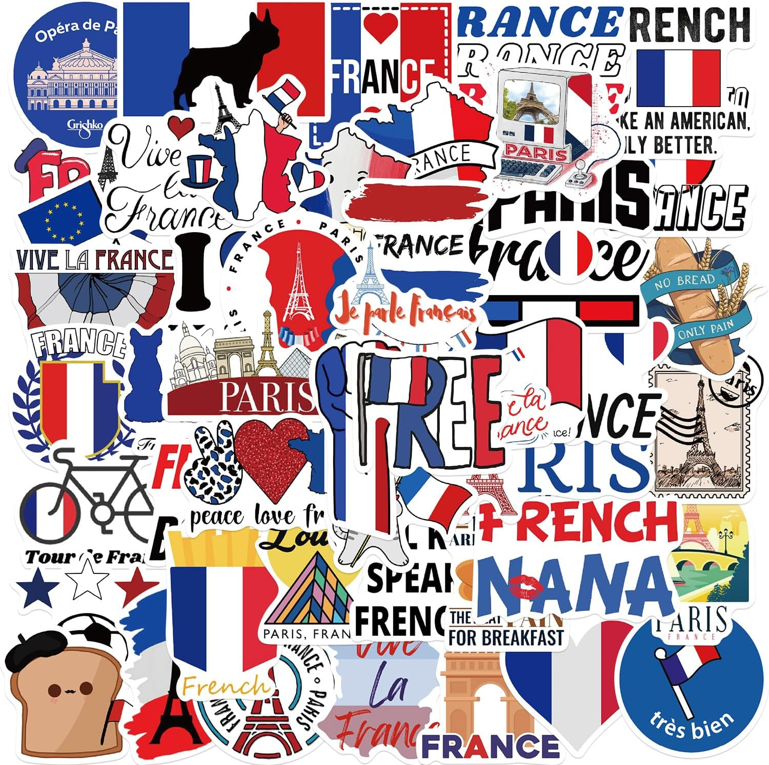 City France Stickers,50 PCS France Vinyl Waterproof Decals for Water Bottles Computer Bicycle Skateboard Luggage Phone Pad Laptop Kids Teens Stickers Pack image number 5