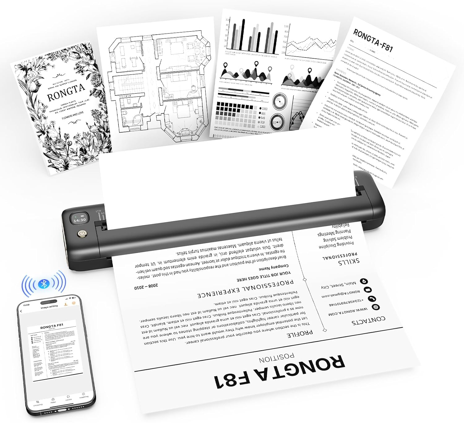 Rongta Portable Printers Wireless for Travel, Bluetooth Mobile Printer, Thermal Inkless Printer for School/Office/Home Use, Compatible with Android,Ios & Laptop (Gray) image number 1