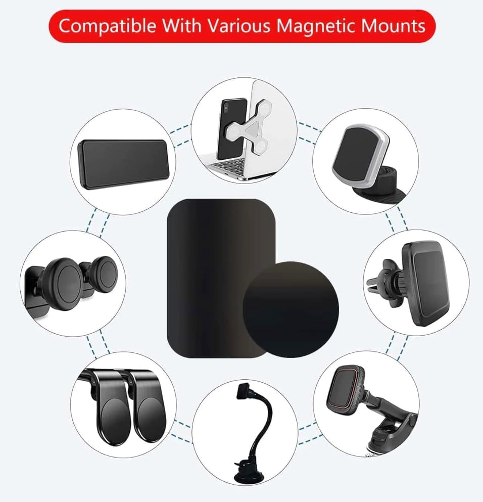Metal Plates for Mobile Magnetic Mount - Universal Replacement Plate Metal Disc with Strong Adhesive for Car Mounts, Magnetic Phone Holder - 2 Rectangle and 2 round (All Black) image number 3