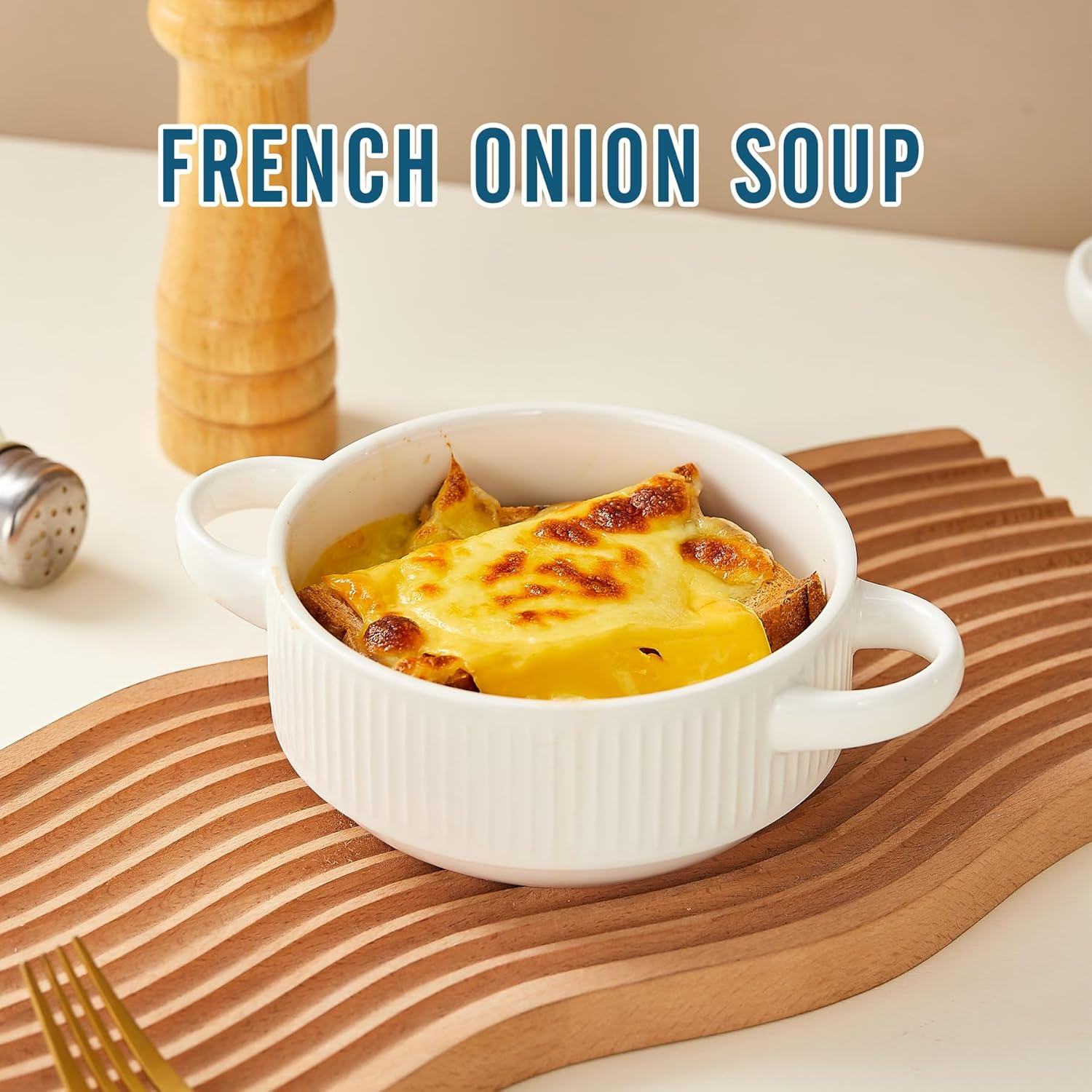 Ceramic Soup Bowls with Handles, 20 Oz French Onion Soup Bowls Set of 4, Stackable Soup Crocks for Soups, Chili, Beef Stew, Microwave and Oven Safe - 5.4Inch, White image number 3