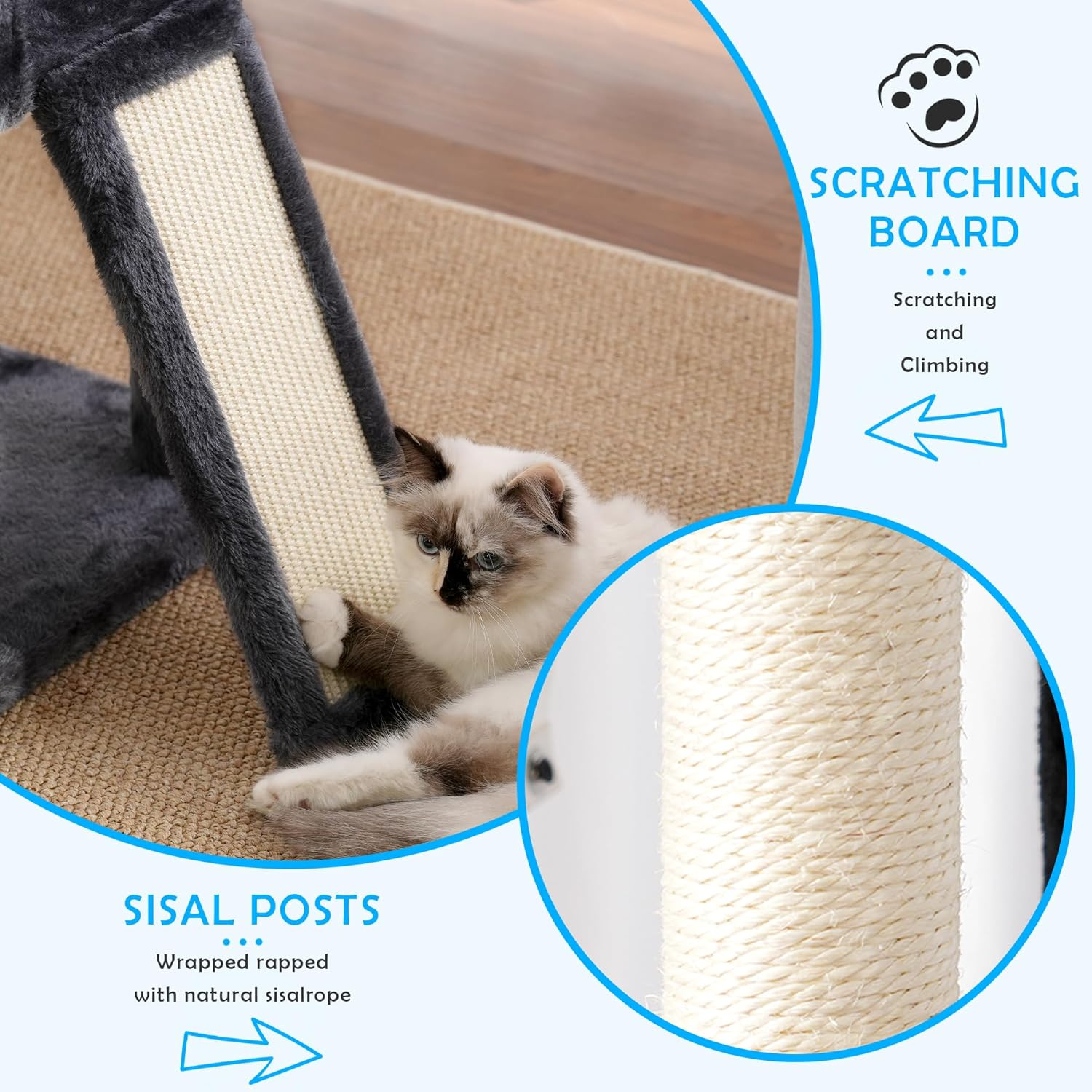 Hey-Brother Cat Tree with Large Top Perch and Hammock, 150 Cm Multi-Level Cat Tower for Indoor Cats, Cat Condo with Sisal-Covered Scratching Posts, Smoky Gray MPJ057G image number 4