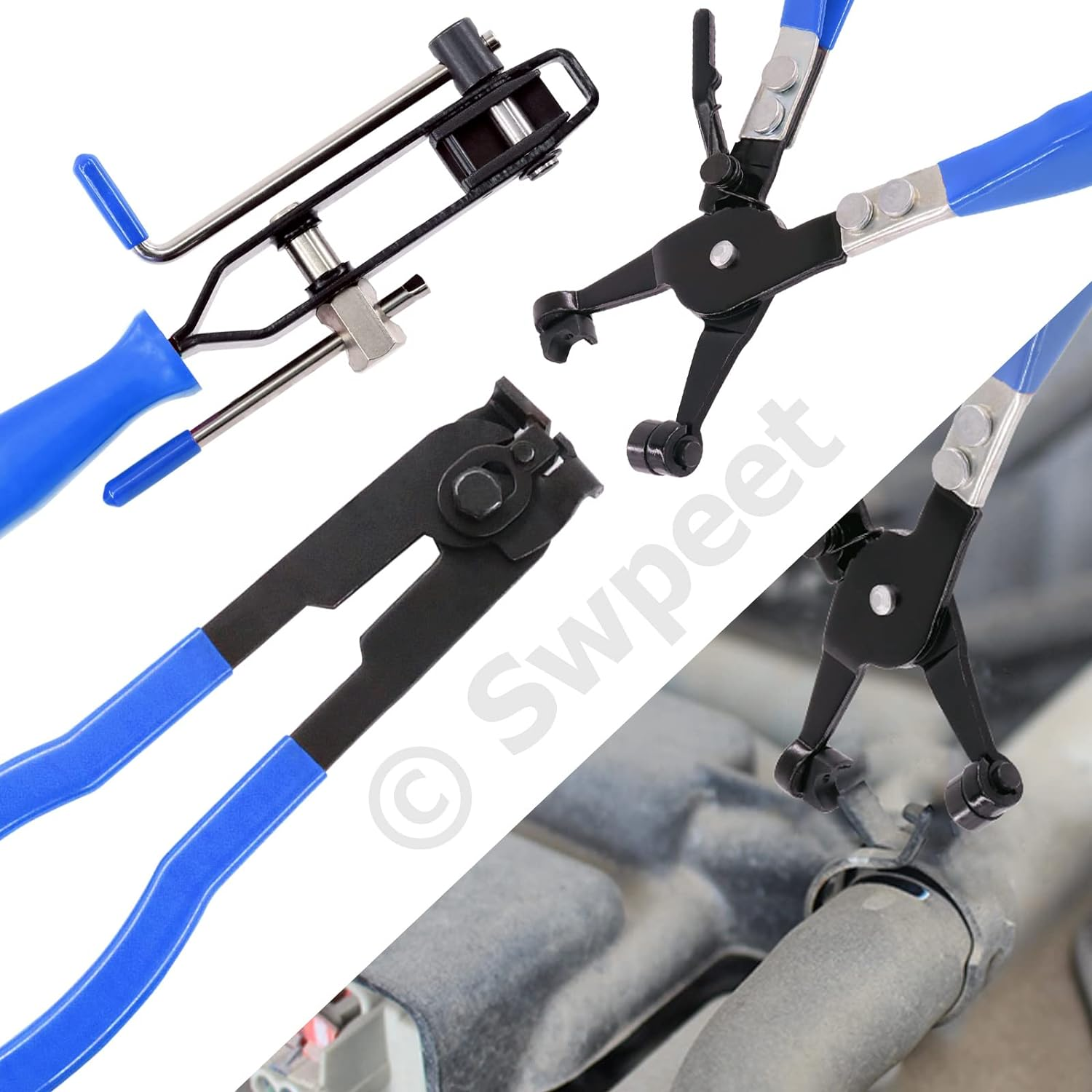 Swpeet Blue CV Joint Boot Clamp Pliers and Swivel Flat Band Hose Clamp Pliers Kit - Blue image number 2