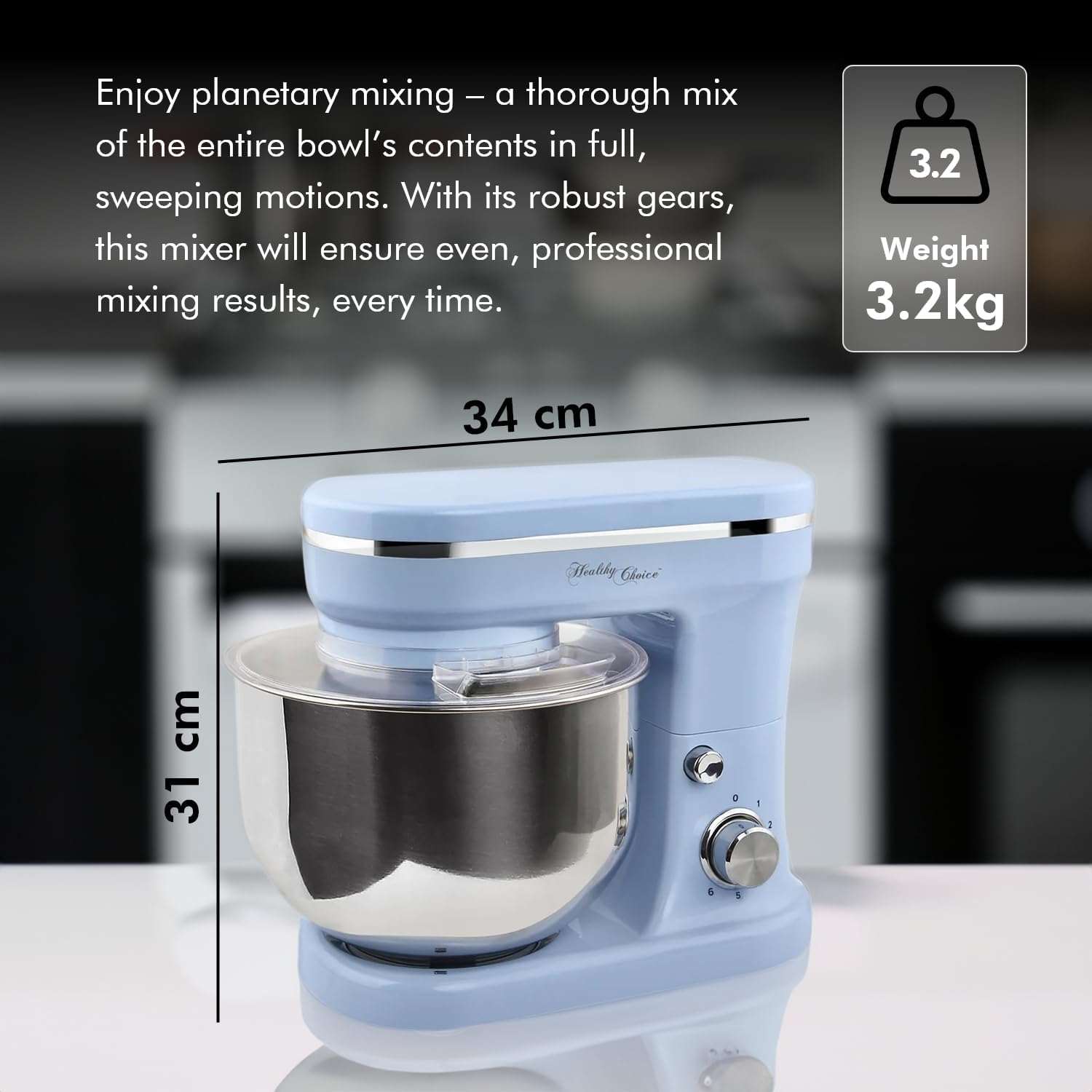 Healthy Choice 400W Stand Mixer with 5L Bowl Capacity, Powerful Kitchen Mixer for Baking, Mixing and Dough Kneading, Includes Multiple Attachments - Blue