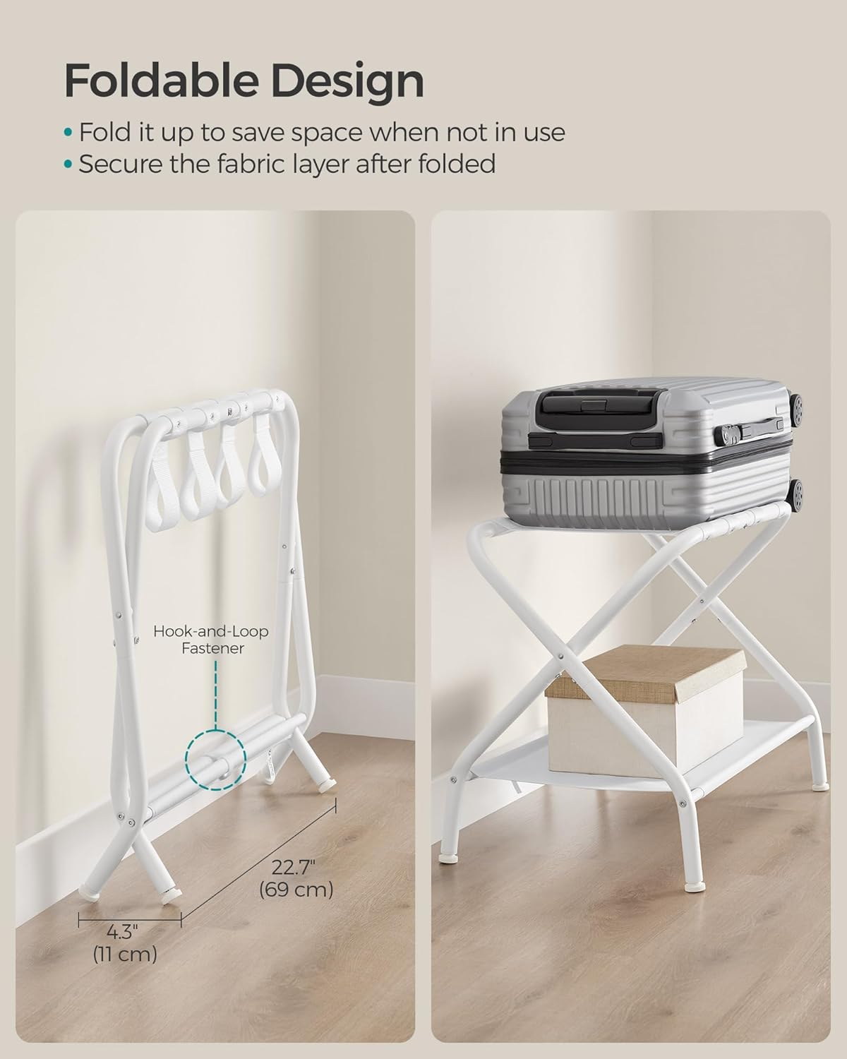 SONGMICS Luggage Racks, Set of 2, Suitcase Stand with Fabric Storage Shelf, for Guest Room, Bedroom, Hotel, Foldable, Holds up to 110 Lb, 27.2 X 15 X 20.5 Inches, Cloud White URLR002W02 - Black image number 7