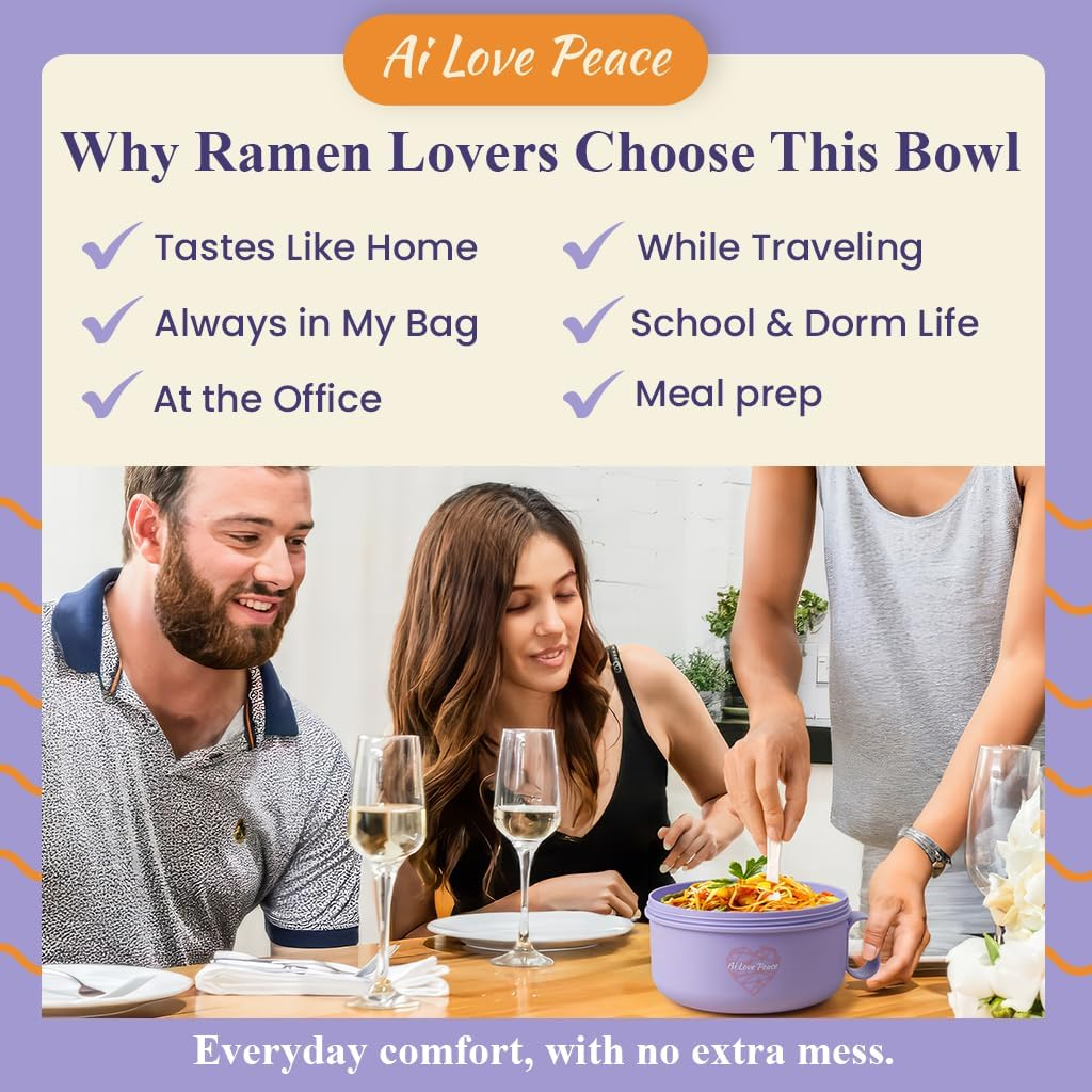 Ai Love Peace Ramen Bowl, 40 Oz Microwaveable Noodle Cooker for Ramen, Pho, Soup, and Pasta, Dishwasher Safe and Portable, Ideal for Home, Office, Dorm, or Gift (Purple)