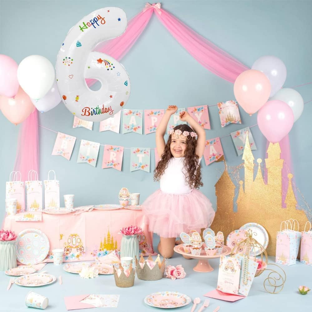 32 Inch Foil Big Number 6 with Happy Birthday, Large White Digital Balloons 0-9 for Kids Party Birthday and Baby Shower (White, 6) image number 5