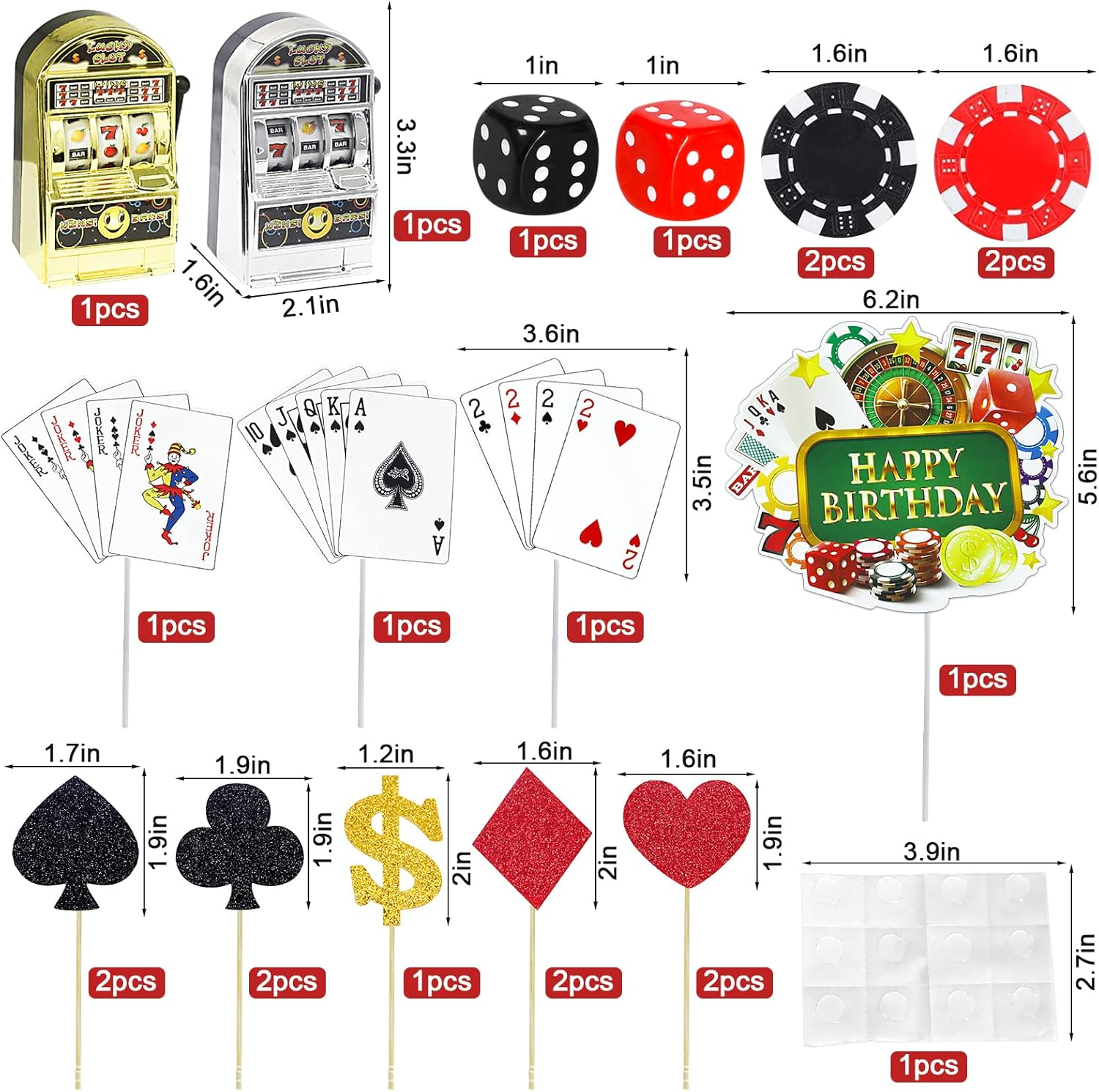 Morofme 21 PCS Casino Cake Decorations with Slot Machine Toy Cake Toppers Poker Cupcake Topper Casino Happy Birthday Cake Topper Poker Chips Dices Dollar Sign Las Vegas Themed Birthday Party Supplies image number 3