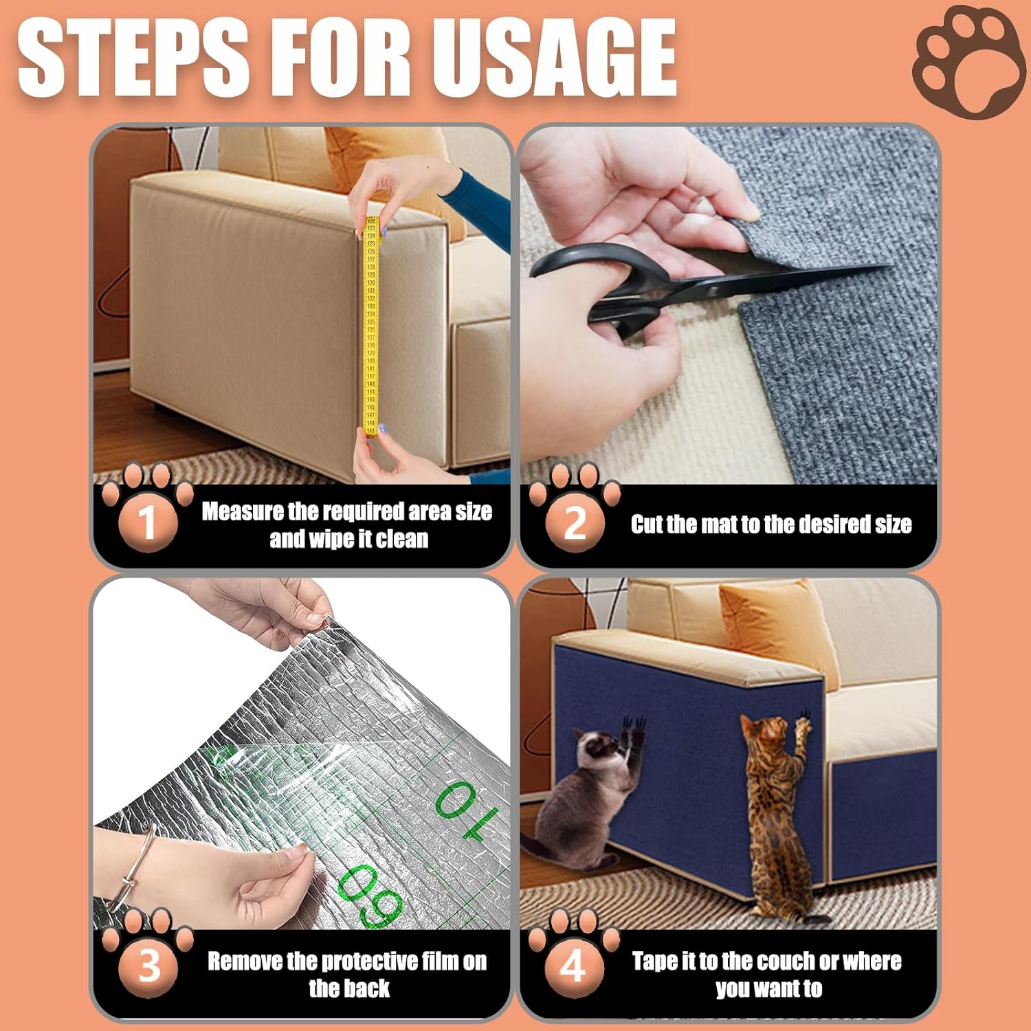 Cat Scratch Furniture Protector, 78.7"X15.8" Large Self-Adhesive Mat, Trimmable Scratch-Resistant Carpet for Sofa, Wall, Cat Tree & Door Protection, Durable Indoor Cat Scratcher (Dark Blue) image number 5