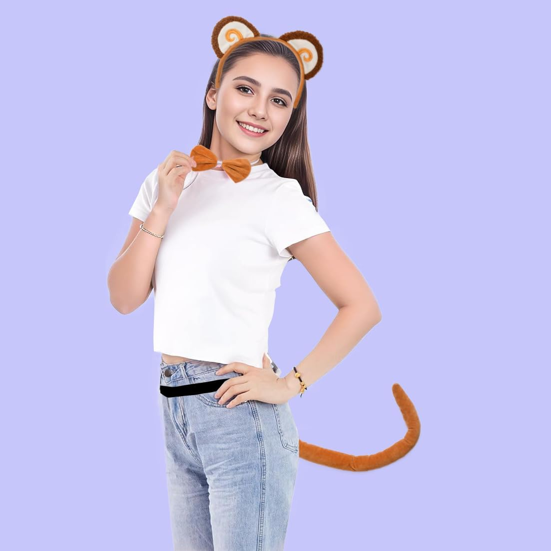 HODRME 3 Pieces Monkey Ears and Tail Set-Orange Monkey Headband Tail Bow Tie Cosplay Party Costume Accessoies for Kids and Adults
