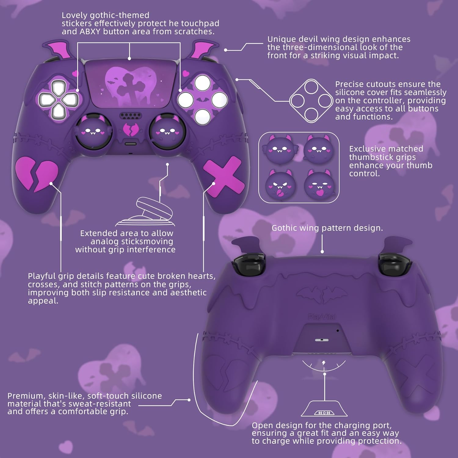 Playvital Gothic Imp Series Cute Silicone Case for Ps5 Controller with 4 Thumb Grips and 6 Stickers, Anti-Slip Silicone Skin Cover, Compatible with Ps5 Charging Station, Purple