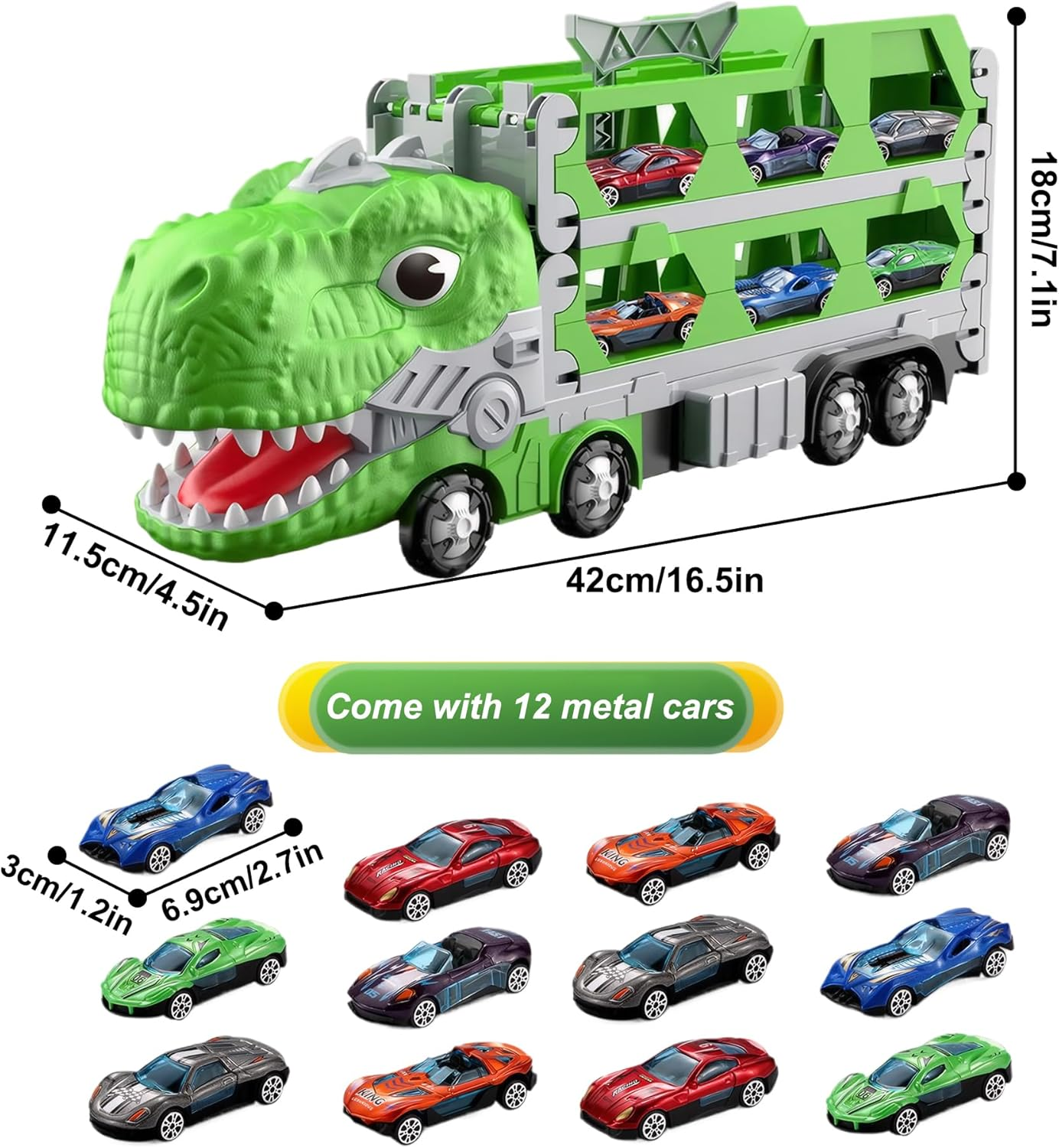 Foldable Race Track Dinosaur Truck Toy with 12 Metal Toy Cars for Kids Age 3-8 image number 3