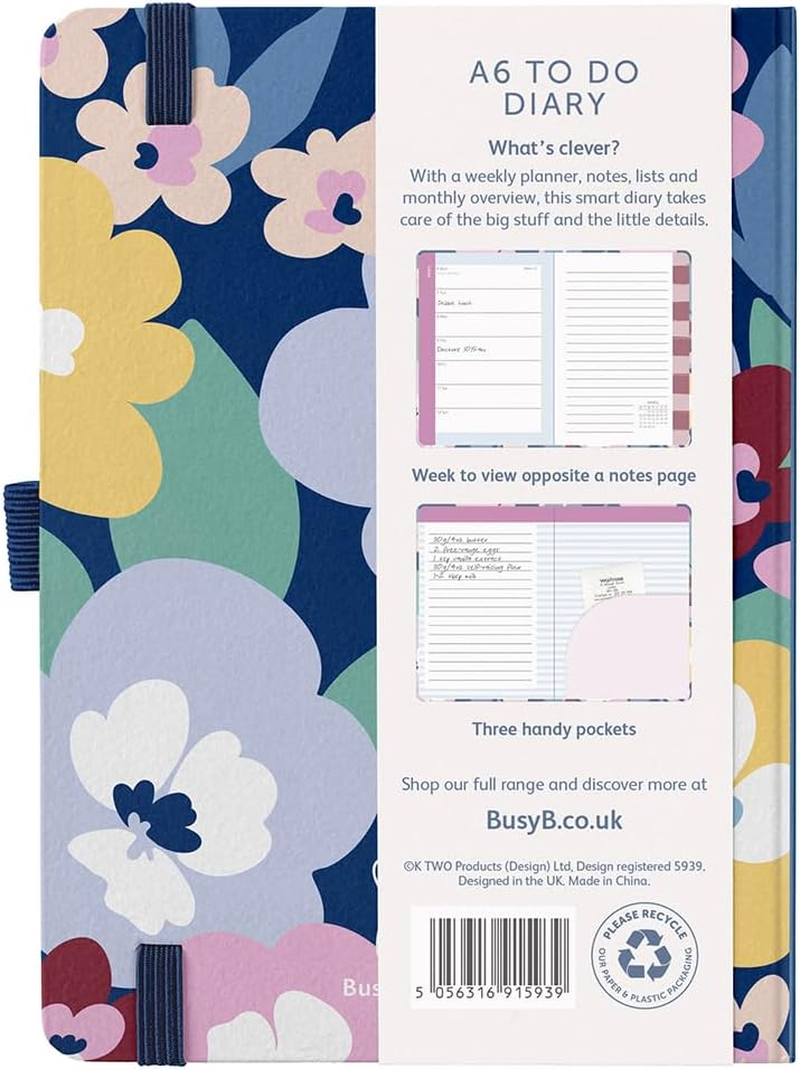 Busy B - A6 Weekly Planner 2026 - Appointment Calendar with To-Do Lists & Note Pages - Compact Diary with Colourful Floral Pattern - Week to View, 3 Pockets & Year Planner image number 1