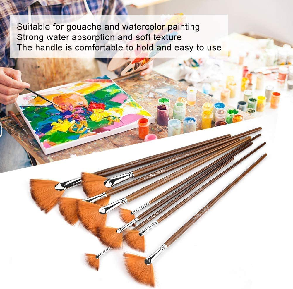 Fan Paint Brushes Set - 9Pcs Artist Drawing Brush, Soft Nylon Hair, Wood Long Handle, Fan-Shaped for Painting image number 4