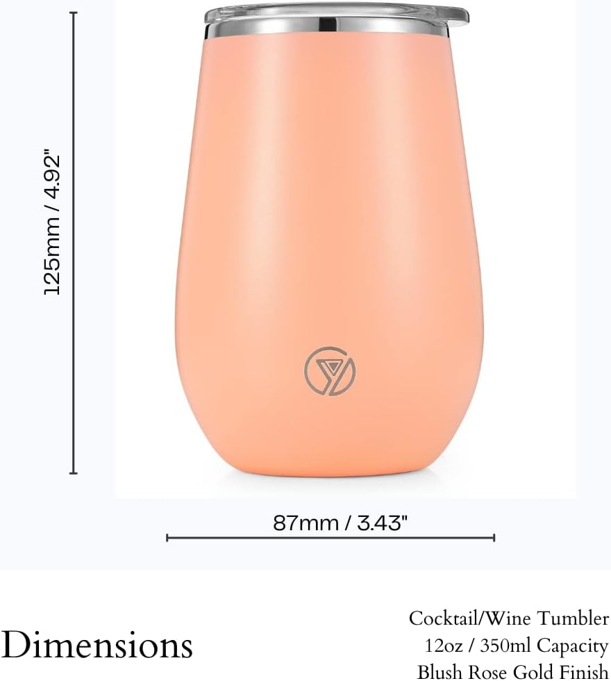 Stylish Stemless Cocktail Wine Glass Tumbler 12Oz - Double Wall Insulated Cup - Splash Proof Lid - Food Safe - Non-Corrosive Stainless Steel with Anti-Slip Powder Coating (Blush Rose Gold)