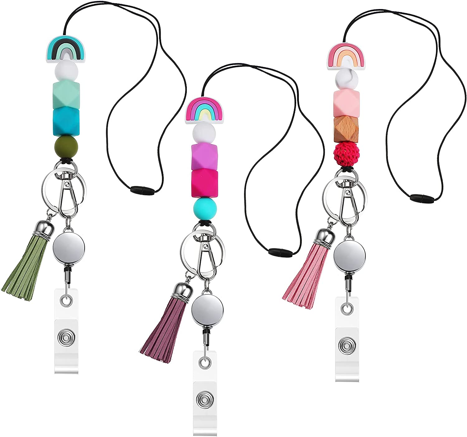 3 Sets Silicone Beaded Lanyards for ID Badges and Keys, Boho Neck Lanyard Necklaces with Retractable Badge Reel Holders, Tassel Keychain Strap Lanyard for Women Girls Teacher Students Nurses image number 6