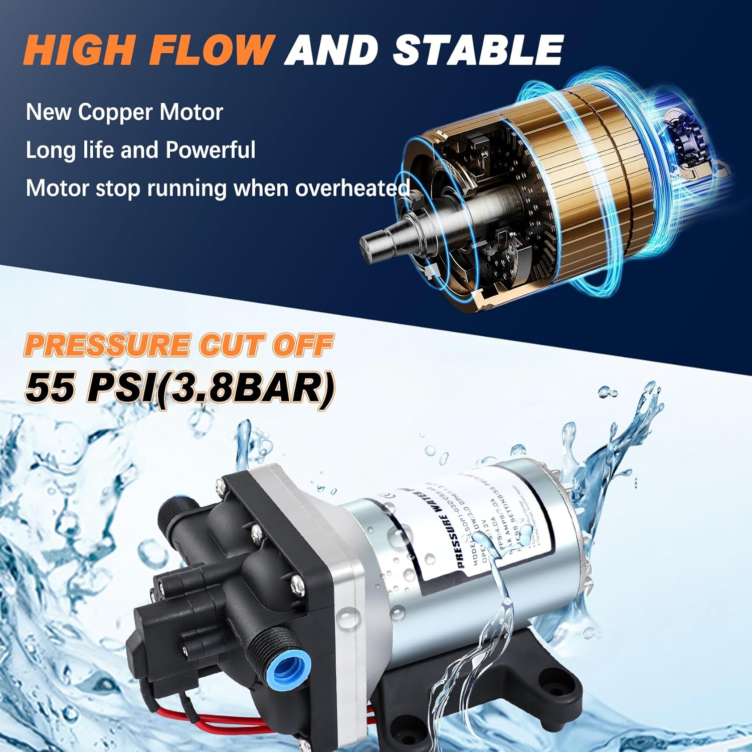 Upgraded 12V Water Pump High Pressure Fast Self Priming 11.3L with Auto Switch for RV Caravan Boat image number 4
