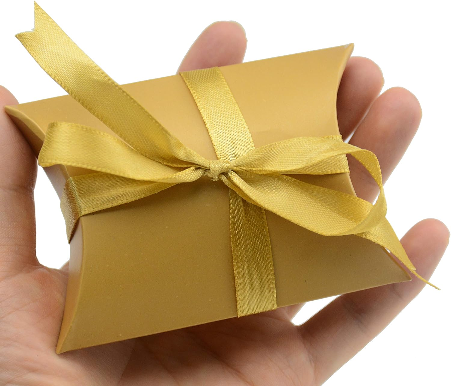 Aokbean 100 Pack Mini Pillow Candy Box Small Gift Boxes with 50 Yards Ribbon for Christmas Wedding Party Favor Gift, Jewelry or Soap Packaging (Gold) - Gold image number 5