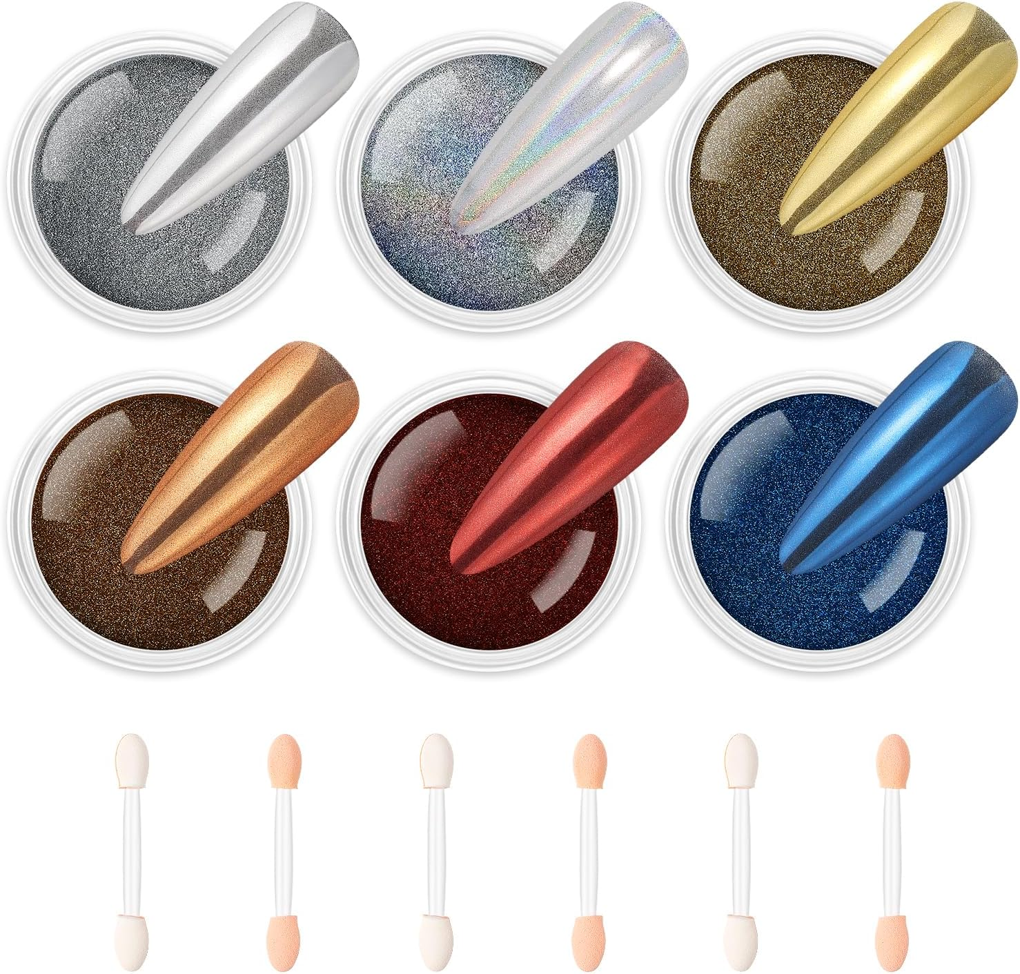 AIMEILI Hema Free, Cruelty-Free, Vegan,6 Boxes Nail Art Manicure Powder Set, 1 * 5G Holographic, 1 * 5G Chameleon Chrome, 4 * 5G Mirror Effect Nail Powder