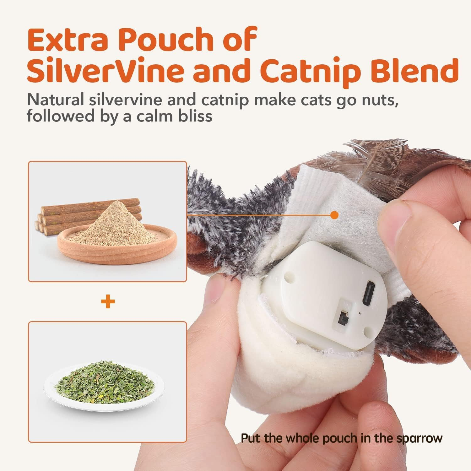 Cat Toys Flapping Bird (No Flying), Lifelike Sandpiper Chirp Tweet, Rechargeable Touch Activated Kitten Toy Interactive Cat Exercise Toys for All Breeds Cat Kicker Catnip Toys (Sparrow) image number 4