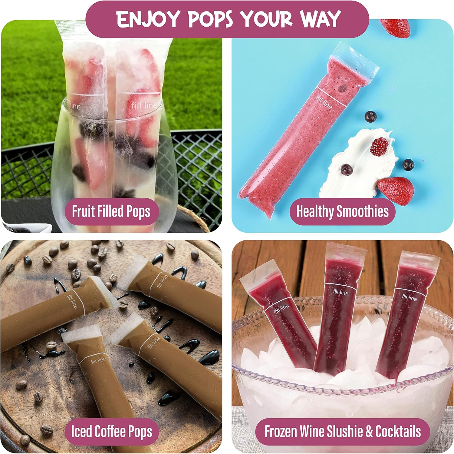 125 Disposable Ice Popsicle Mold Bags| BPA Free Freezer Tubes with Zip Seals | for Healthy Snacks, Yogurt Sticks, Juice & Fruit Smoothies, Ice Candy Pops| Comes with a Funnel (8X2) image number 2