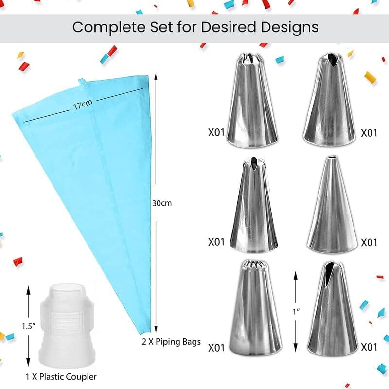 Piping Bags and Nozzles Set of 9 Pcs with 1 Converters,2 Silicone Bags and 6 Premium Stainless Steel Piping Nozzles for Decorating Cakes & Cupcakes image number 4
