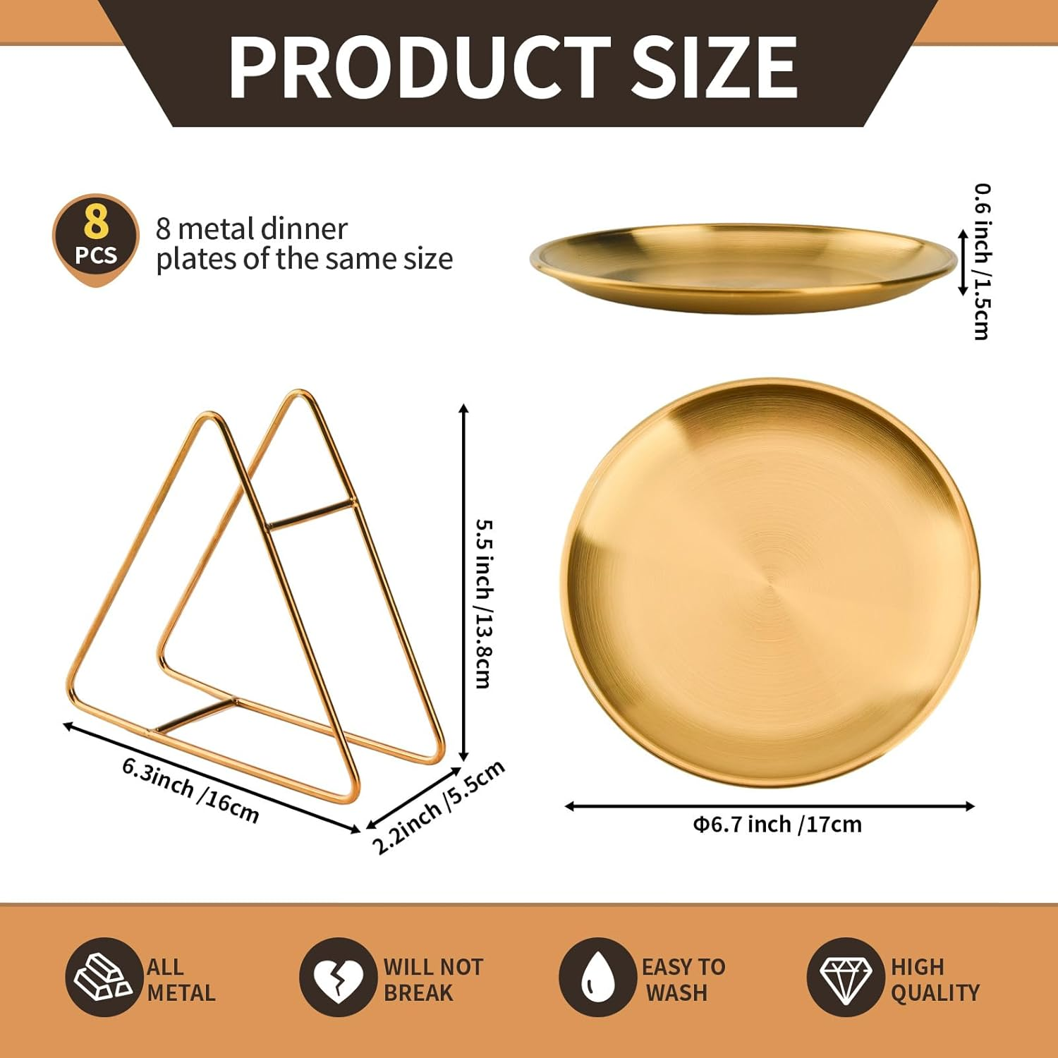 8-Piece 7.8-Inch Appetizer Plate with Stand Set Gold Silver Stainless Steel round Plates Suitable for Cakes Desserts, Salads, Dips, Snacks, Side Dishes (Gold, 7.8Inch) image number 6