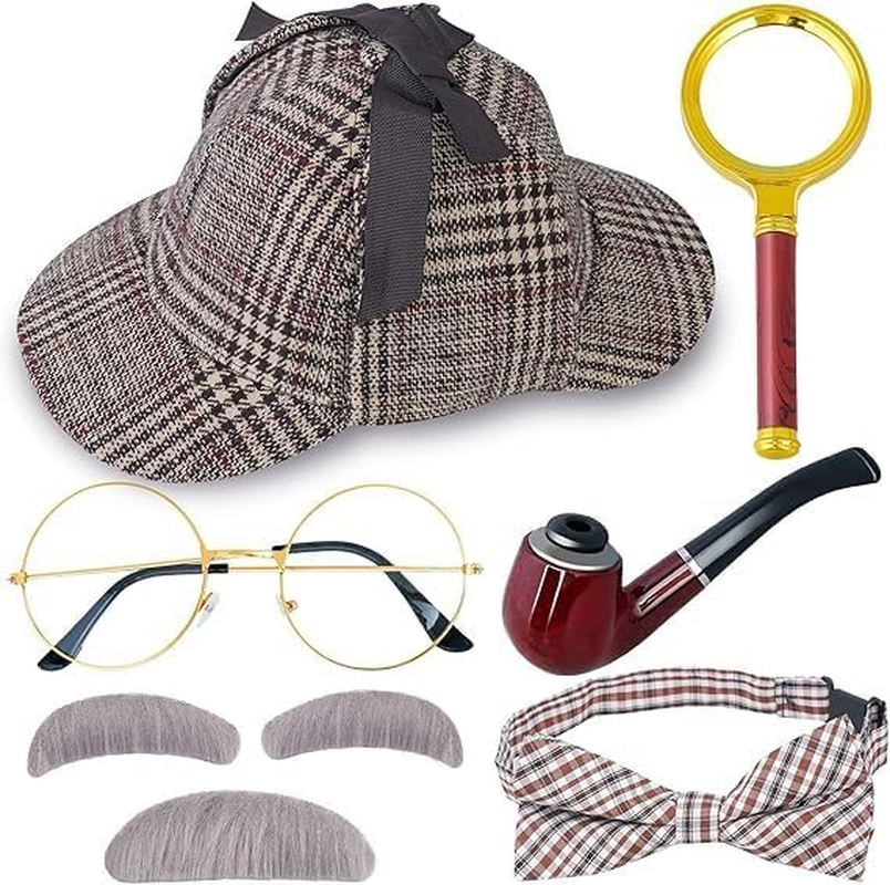WOTOW Detective Costume Accessories Set - 6PCS Detective Costume Hat Detective Dress up Detective Prop Halloween Costume with Magnifying Glass Flat Glasses Bowtie Beards for Adults image number 5