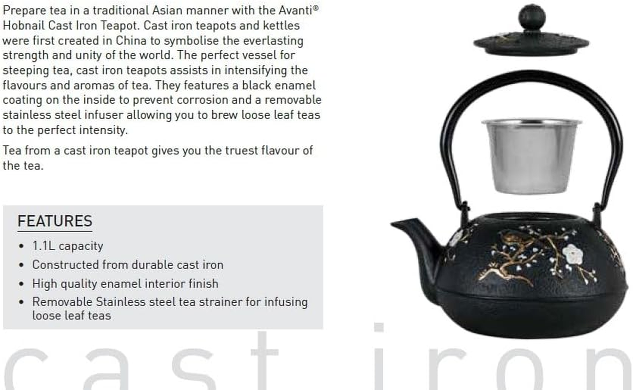 Avanti Cherry Blossom Cast Iron Teapot, Black, 1.1 Litre with Stainless Steel Infuser image number 4