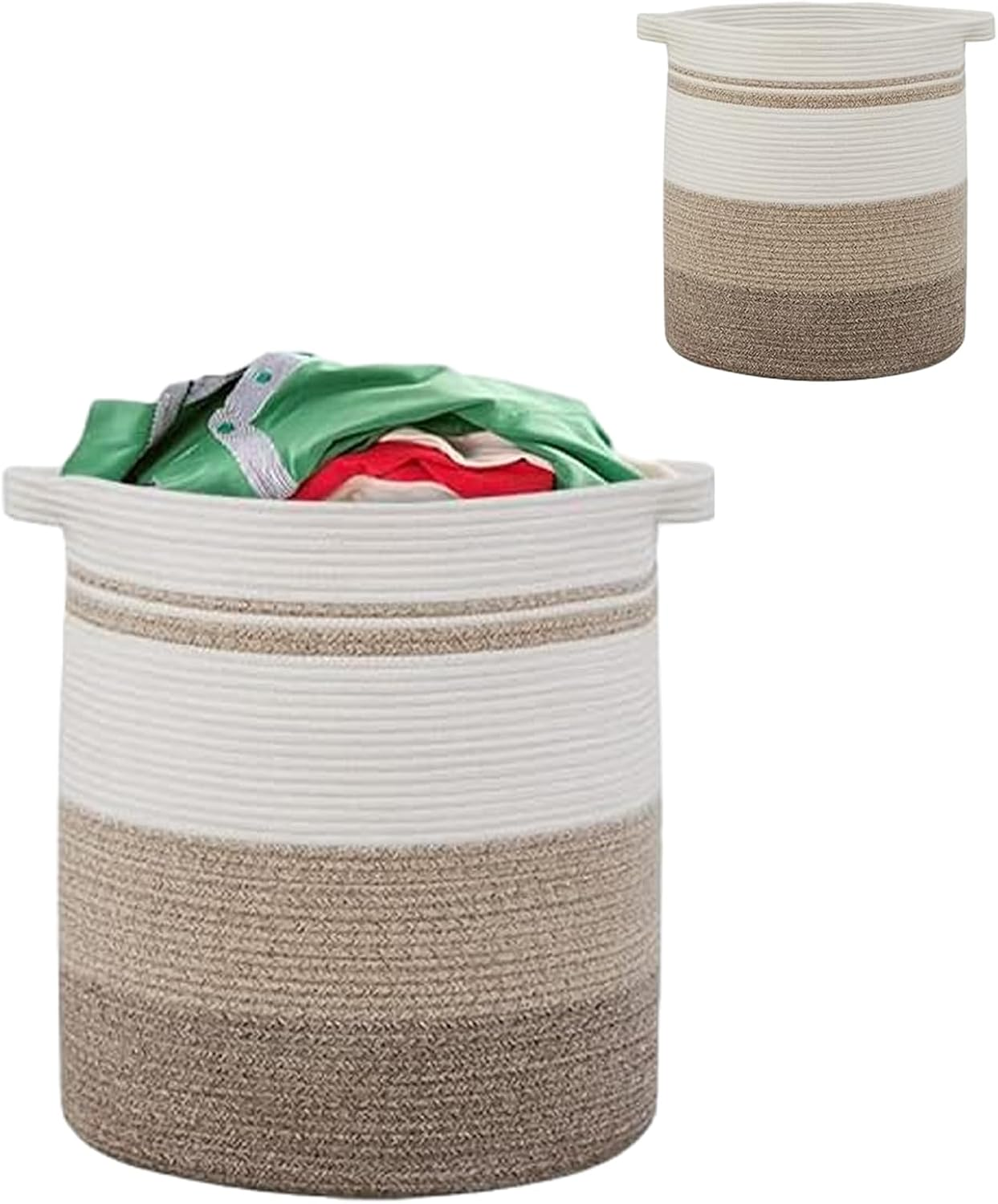 Woven Cotton Rope Laundry Storage Basket with Handles, round Hamper for Pillow, Clothes, Blanket,Toys, 45 * 45 * 50Cm White Yellow image number 2