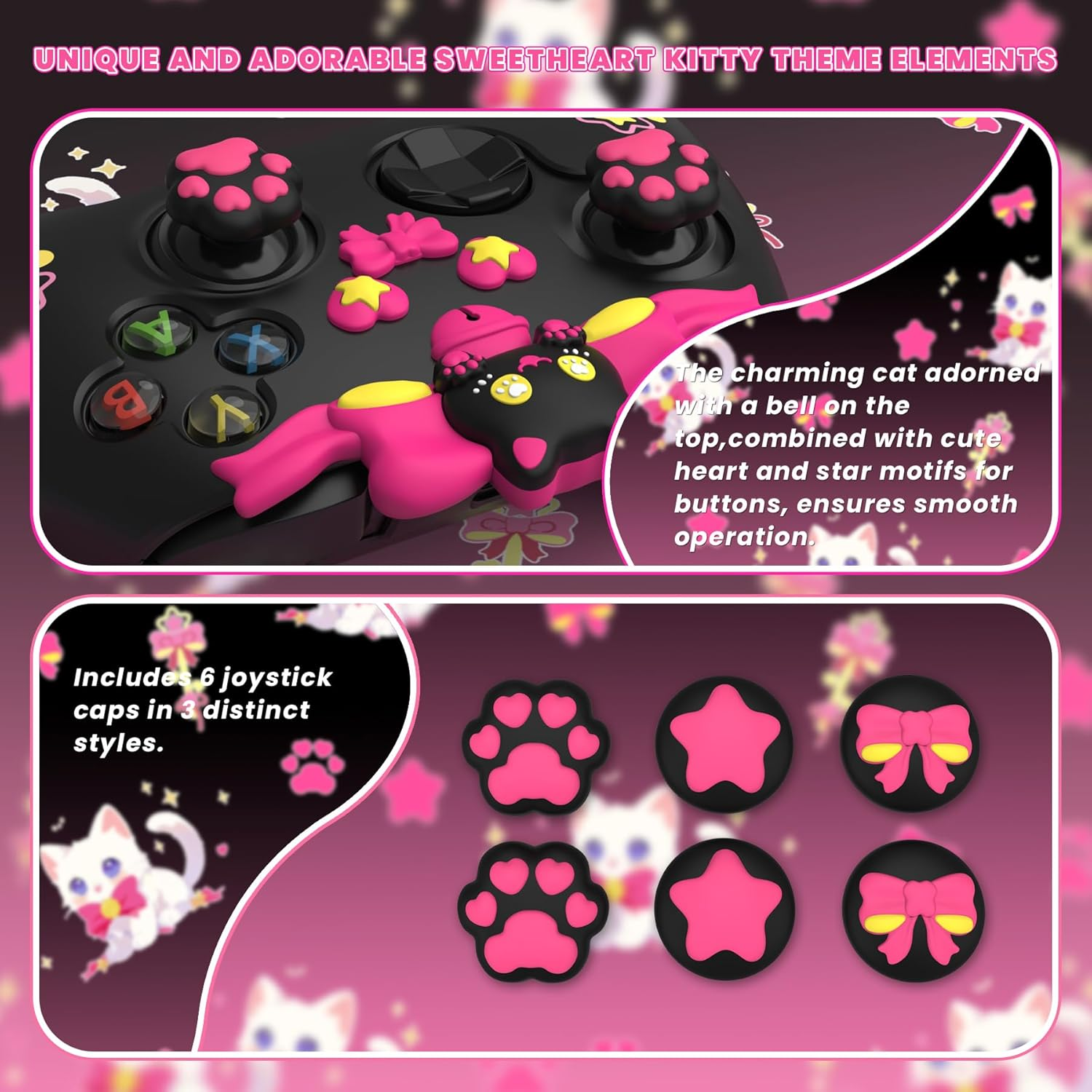 Playvital Sweetheart Kitty Silicone Cover Compatible with Xbox Series X/S Controller with Thumb Grips and Stickers, Soft Rubber Protector with Anti-Slip Grip for Xbox Core Controller - Black image number 4