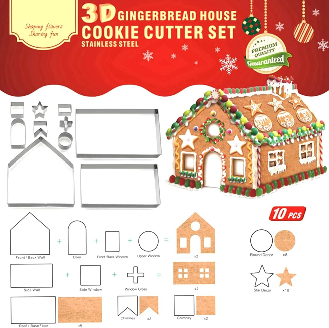 3D Christmas Cookie Cutters, 3D Cookie Cutters, Christmas Cookie Cutters, 3D Cookie Cutters, Gingerbread House, for Biscuits, Baking, Kitchen Accessories, Pack of 10 image number 5