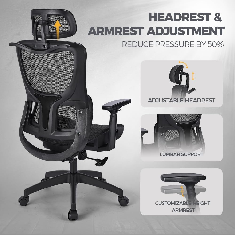 Furb Ergonomic Office Chair with Breathable Mesh, Adjustable Headrest High Back Computer Desk Office Chair for Home Office, Gaming, and Study Black image number 6