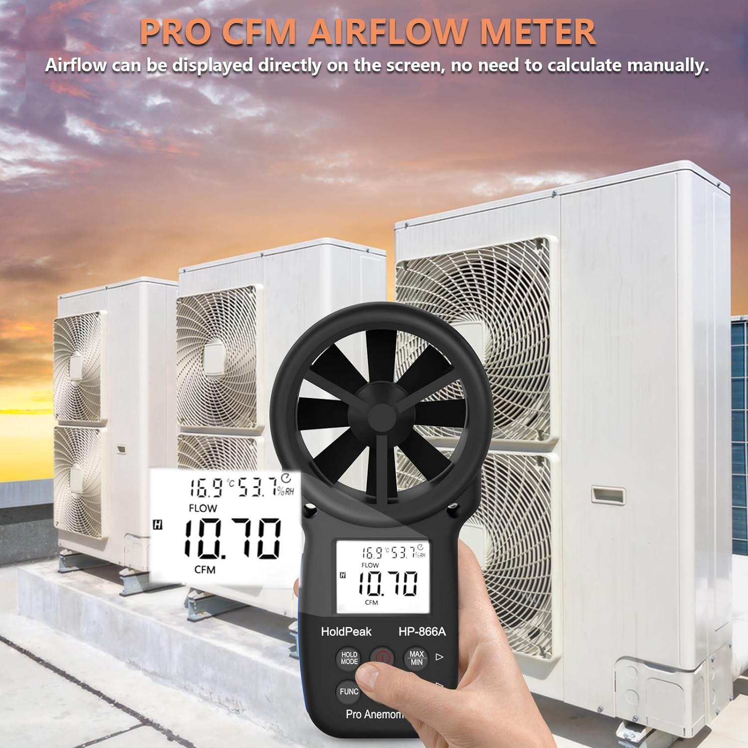 Holdpeak 866A Anemometer HVAC, Pro CFM Air Flow Meter for Wind Speed Temp Humidity Dew Point Airflow Measuring Device, Handheld Wind Gauge Meter with USB image number 3