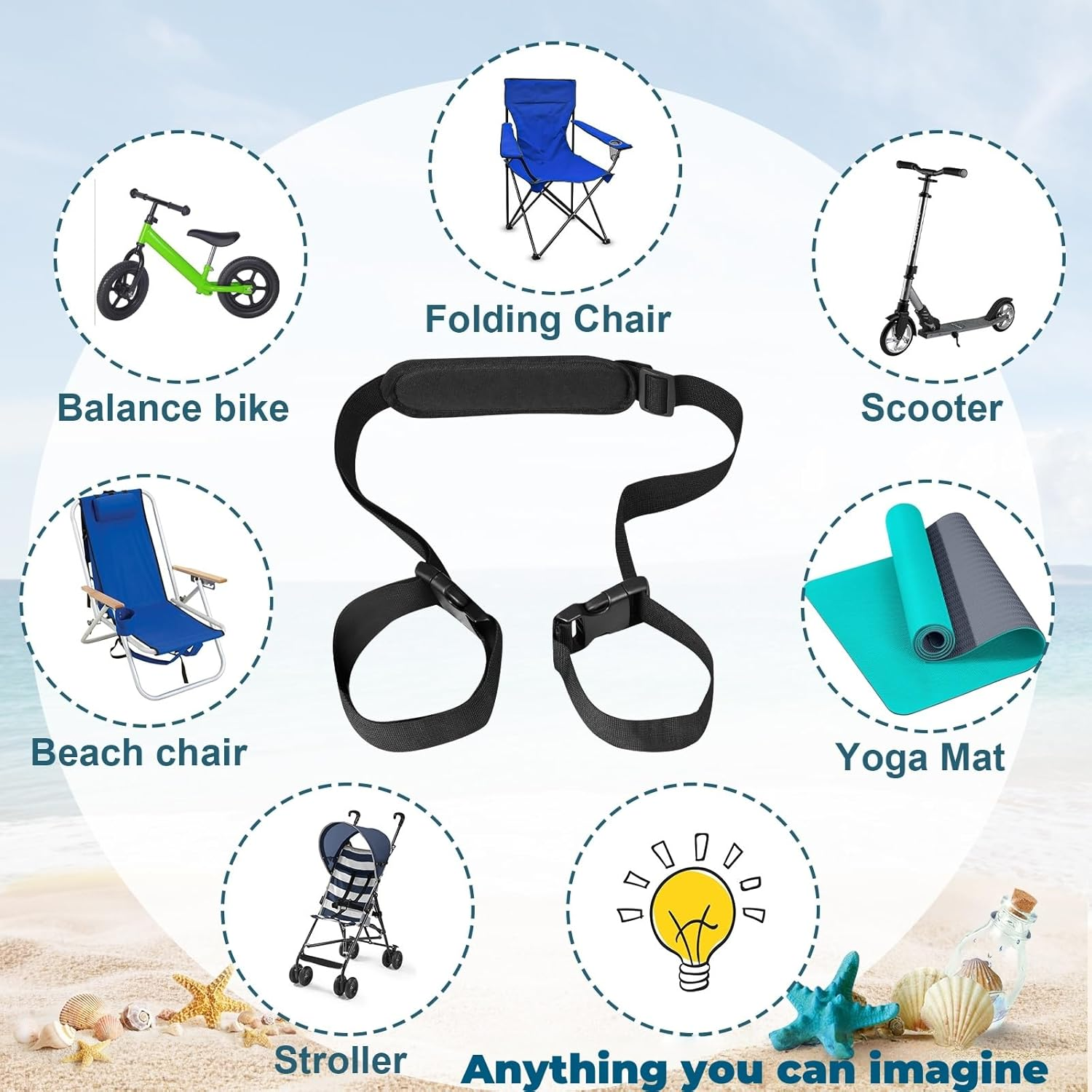 3 Pack Adjustable Carry Strap for Beach Chair, Folding Chair, Camping, Scooter, Bikes, Backpacking, Picnics, Outdoor and Other Items image number 2