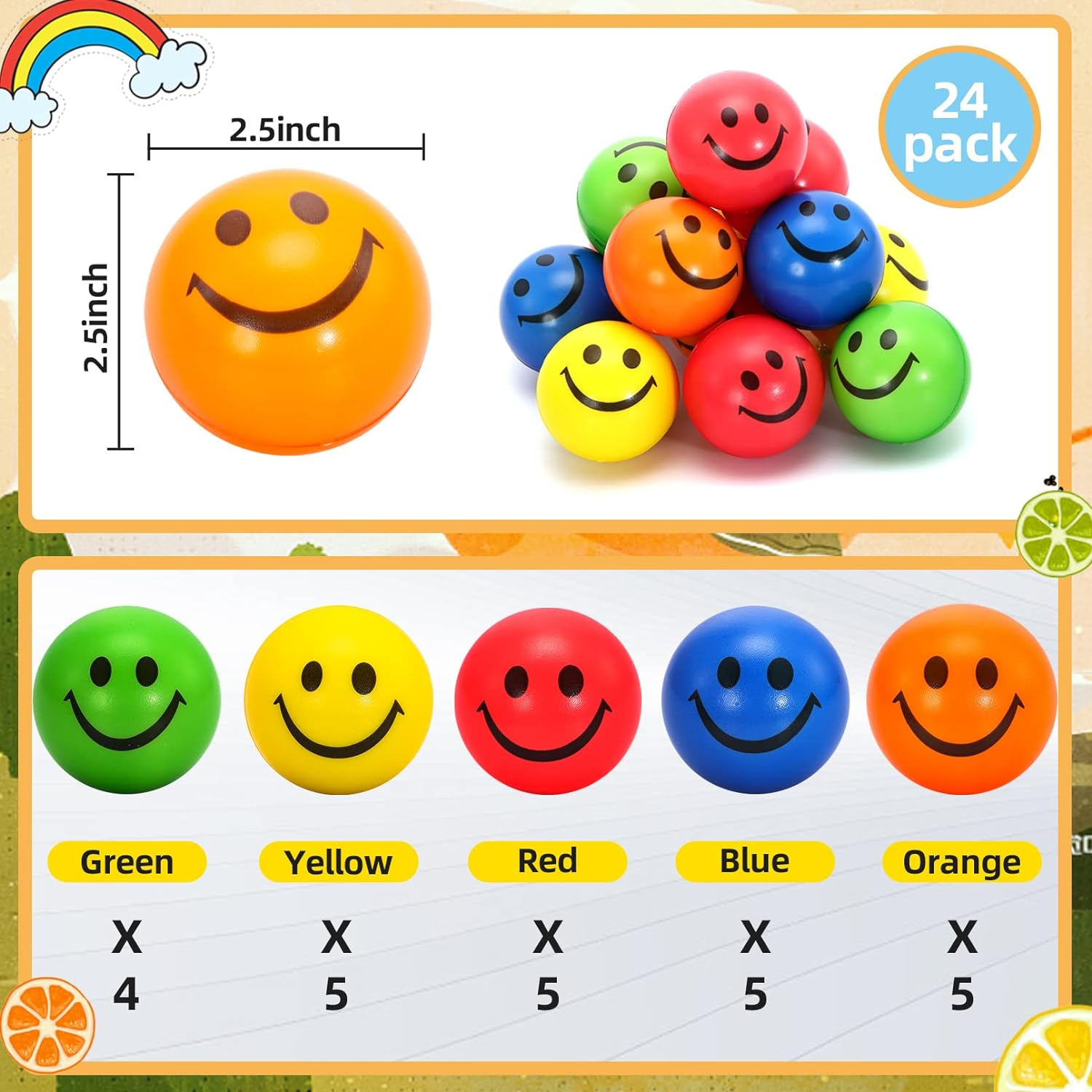 24 Pack Stress Balls Bulk,2.5 Inch Face Squeeze Balls,Smile Balls,Party Favor Soft PU Balls,Stress Relief for Finger Exercise School Carnival Reward,Assorted Colors Random Pattern image number 5