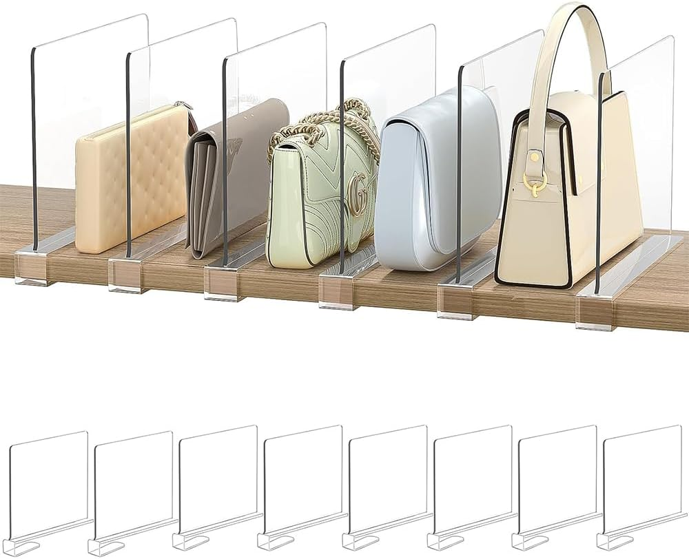 8 PCS Clear Acrylic Shelf Dividers &ndash; Transparent Organizers for Closet, Cabinet, and Office, Separators for Clothes, Purses, Handbags, Books, and More