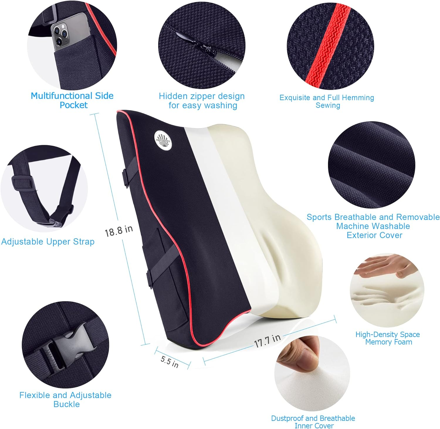 Lumbar Support Pillow,Memory Foam Back Support for Office Chair,Computer Chair,Car Seat,Recliner and Couch with Breathable 3D Mesh Cover,Ergonomic Design Orthopedic Backrest (Blue) image number 1