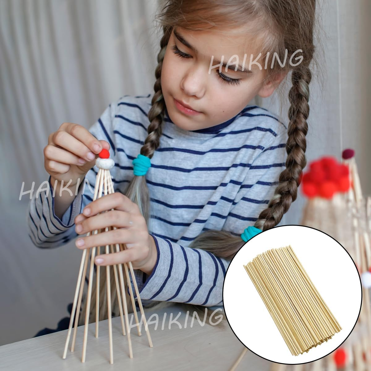 HAIKING Bamboo Dowel Rods, 100 PCS round Unfinished Wooden Craft for Craft Building Models, Garden Supplies (20Cm/7.87In) image number 1