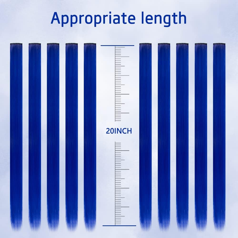 (Blue) - 50Cm Coloured Clip in Hair Extensions 10Pcs Straight Hair Synthetic Hairpieces for Party Highlight Blue image number 4