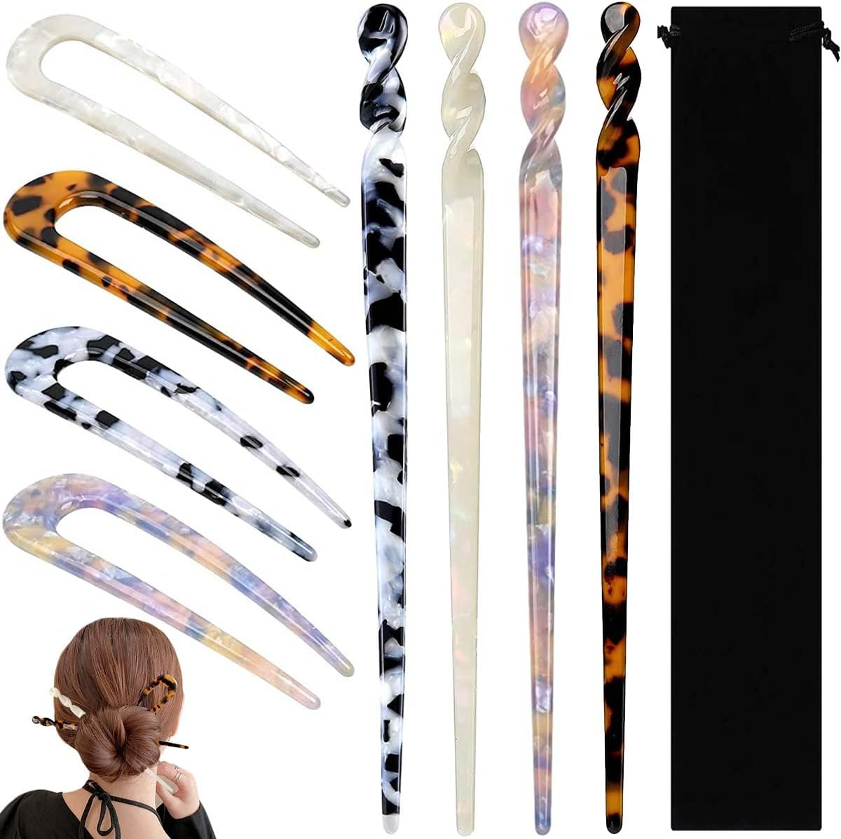 8 Pieces Acetate Hair Pins Sticks U-Shaped Straight Chopsticks Hairpin Hair Styling Accessories, Vintage Hair Pin Fork Hair Clips for Girls Women Updos Buns(Type A) image number 4